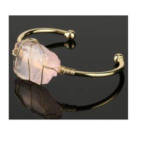 Wire-Wrapped Rose Quartz Golden Bangle